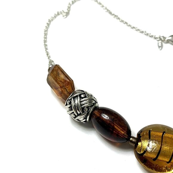 SAO Avon Art Glass 17" Necklace Faux Amber Foil Bead Ceramic Silver Tone Beads - Picture 3 of 9